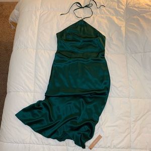 Forest green silk midi dress that ties at the neck